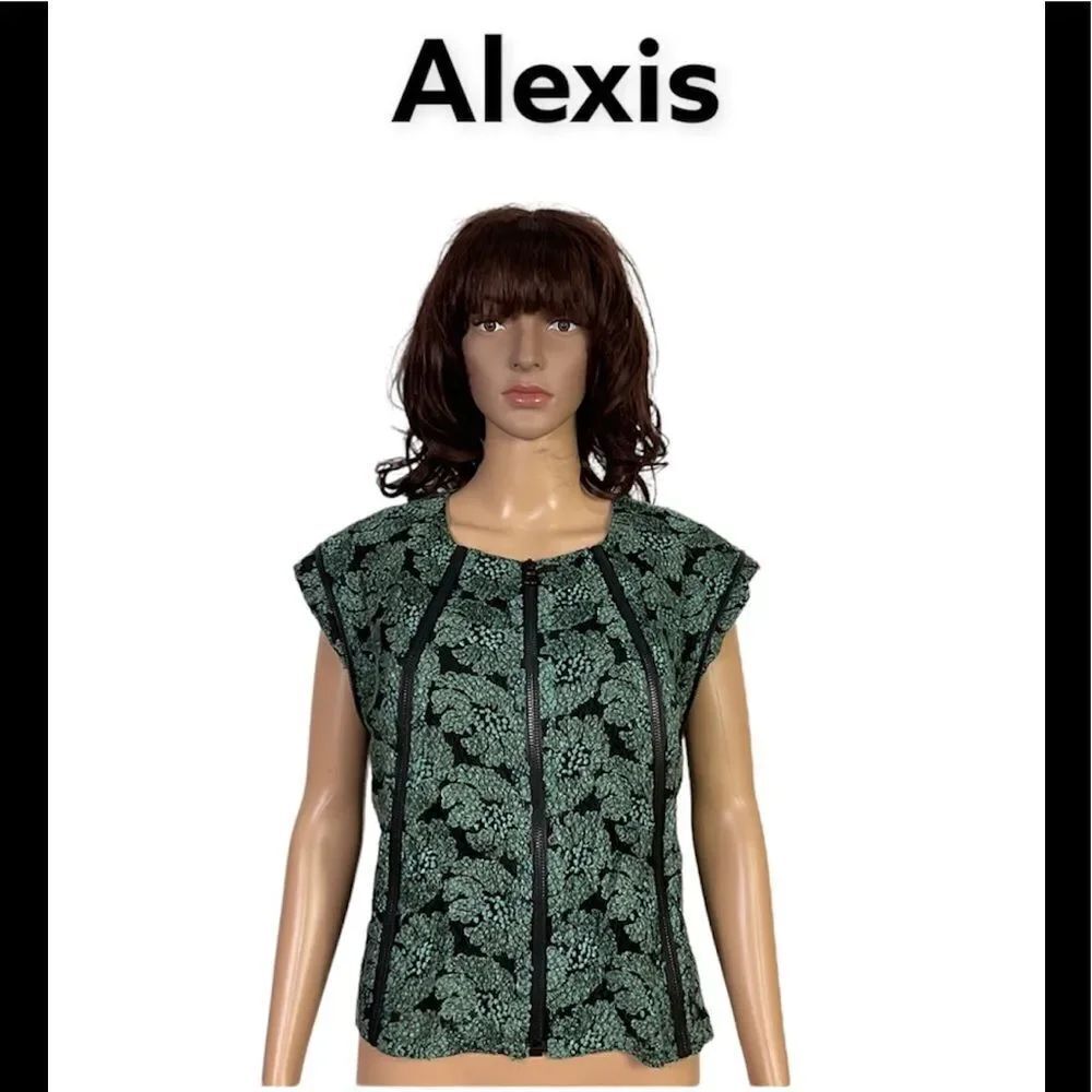 Alexis green black floral embroidered zip decor fitted top L
